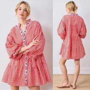 Printfresh Rosalita Tiered Puff Sleeve Mini Dress Garden Gingham Red Medium NEW